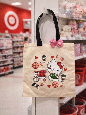 Hello Kitty Canvas Tote Bag Coffee Theme Reusable Shopper Pink Bow 15.5 x 14.5